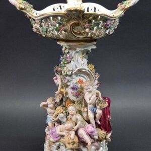 MEISSEN 19thC. Tall Centerpiece w/Flowers, Figurines & Reticulated Basket/Vase.
